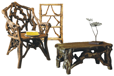 rustikaler Stuhl Regal Tisch aus Wurzeln